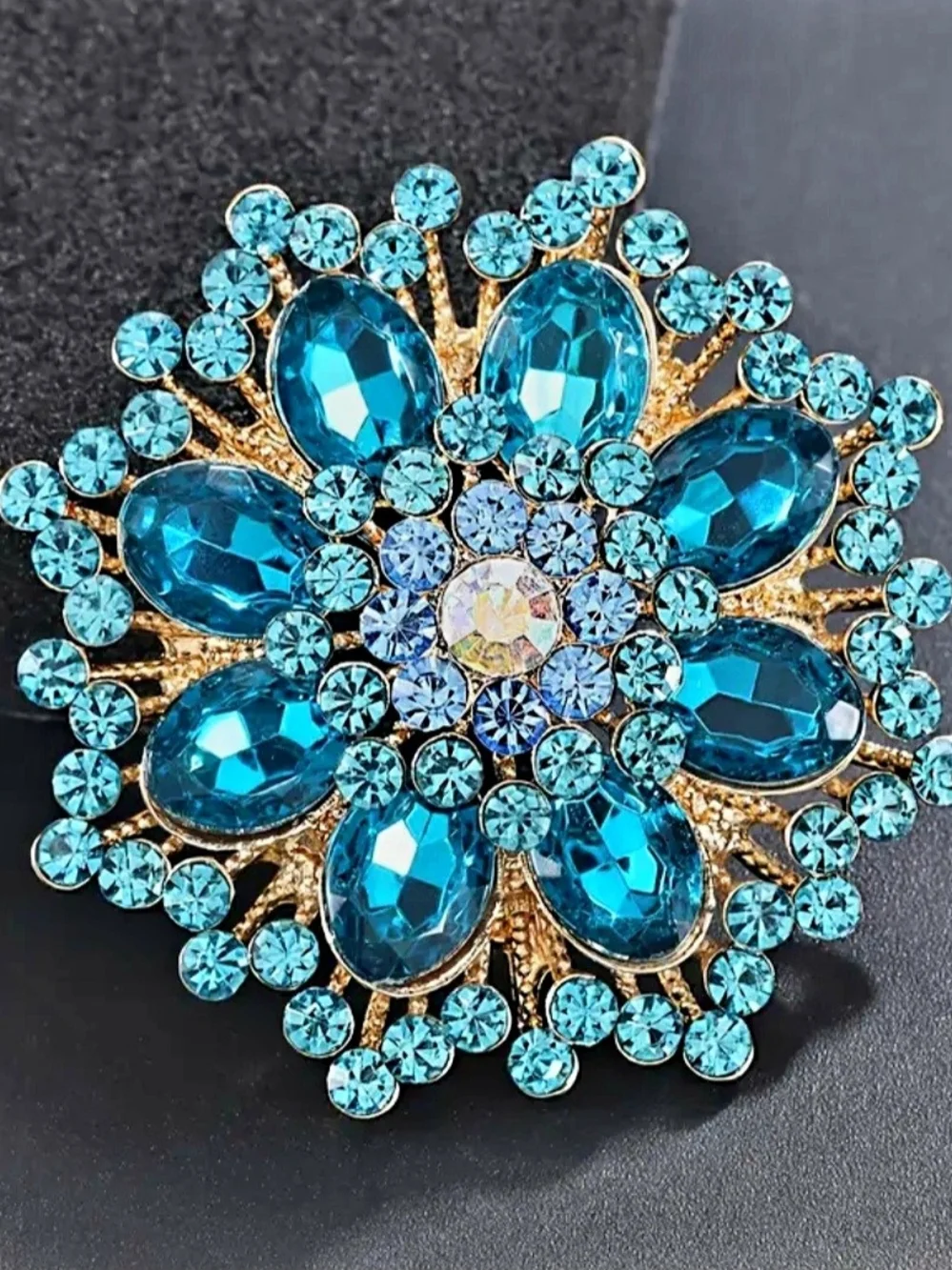 Blue Crystal Flower Brooch Gold Plated - Picture 1 of 4